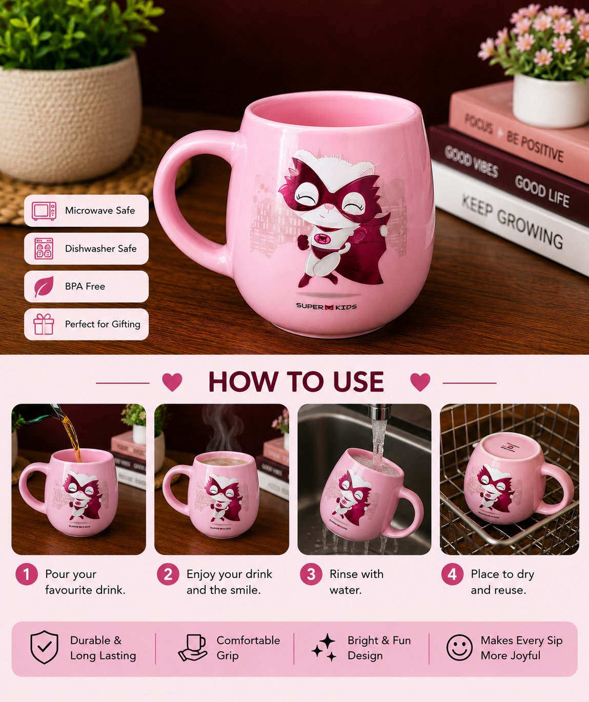 Super Kids Pink Ceramic Coffee Mug | Cute Cartoon Printed Tea & Coffee Cup - alternate view
