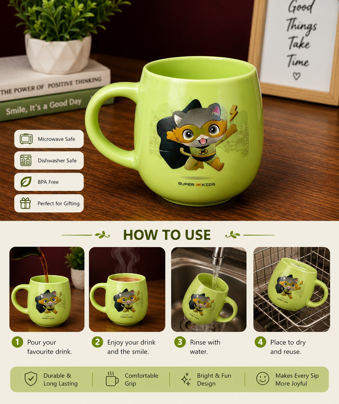 Super Kids Green Ceramic Coffee Mug | Cute Superhero Cat Printed Tea & Coffee Cup - alternate view
