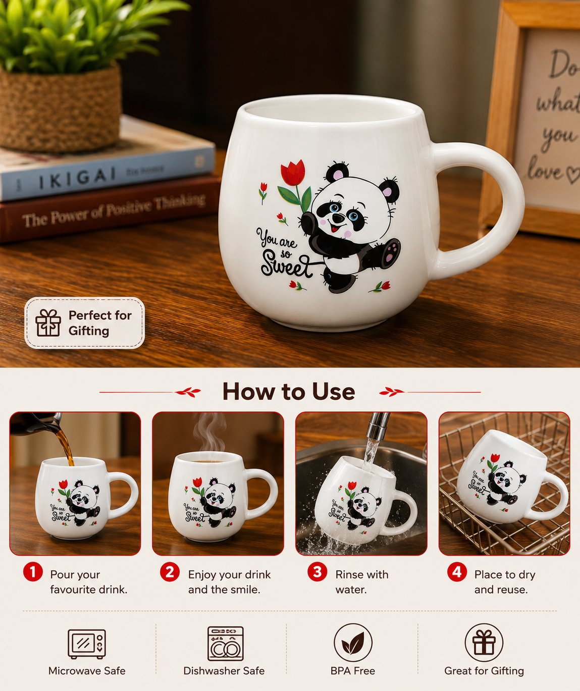 Cute Panda Ceramic Coffee Mug | "You Are So Sweet" Printed Tea & Coffee Cup - alternate view